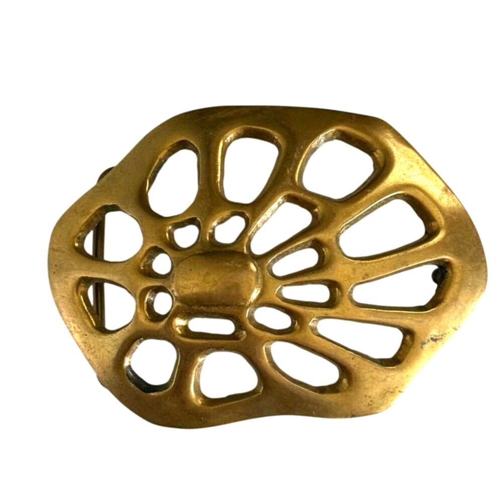 Vintage Brass Spider Web Belt Buckle Taiwan 961 Openwork 70s Boho